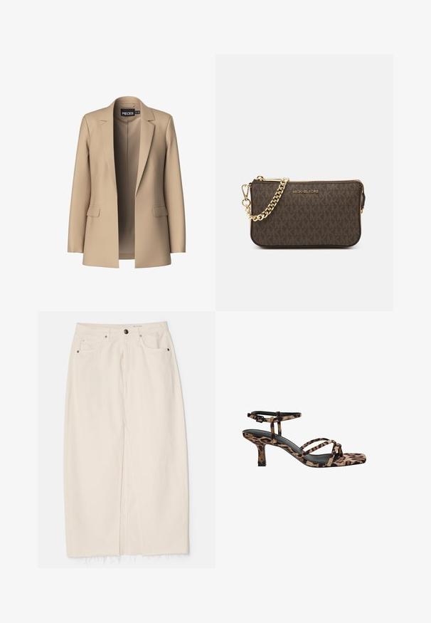 Beige blazer with notched lapels and two front pockets; made of smooth fabric, it has an open front and a tailored fit.; Two seamless tube scarves: one black and one white. Both are made of soft, stretchy fabric and feature a smooth texture without patterns.; rag & bone AVERY SKIRT - Denim skirt - ecru; Leopard print heeled sandals with a square toe, multiple straps, and a mid-height heel. Crafted from soft textile material.; Brown leather crossbody bag with logo pattern, gold chain strap, zipper closure, and gold hardware accents. Compact and rectangular shape.