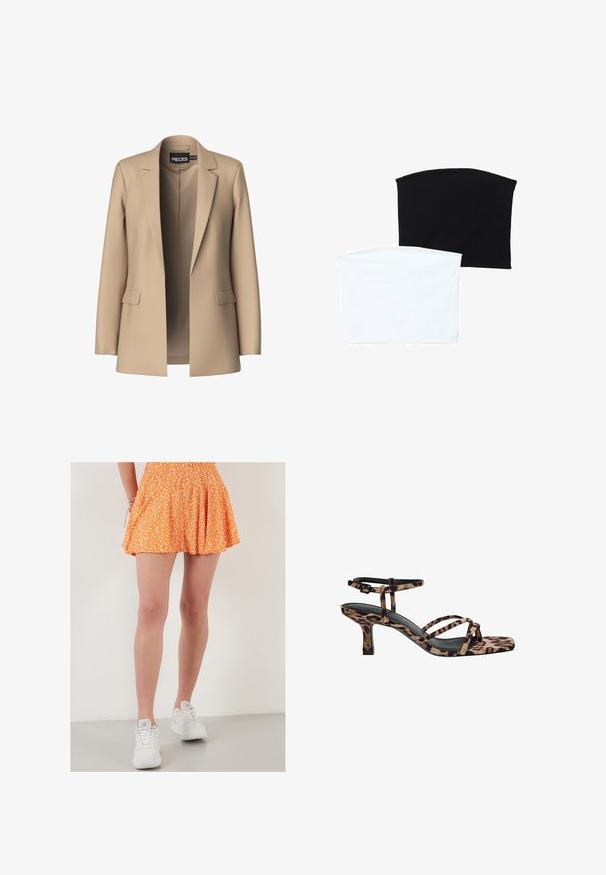 Blazer beige con rever classico e due tasche frontali; realizzato in tessuto liscio, ha un'apertura frontale e una vestibilità su misura.; Due sciarpe a tubo senza soluzione di continuità: una nera e una bianca. Entrambe sono realizzate in tessuto morbido e elastico e presentano una texture liscia senza motivi.; Gonna floreale arancione con vita arricciata, design plissettato, lunghezza al ginocchio, abbinata a sneakers bianche. Tessuto elegante e testurizzato con un motivo giocoso.; Sandali con tacco in stampa leopardata, con punta quadrata, multiple cinghie e un tacco di altezza media. Realizzati in morbido materiale tessile.