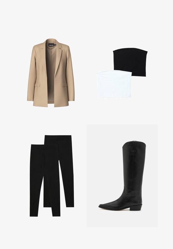 Béžový blazer s klopami a dvěma předními kapsami; vyrobený z hladké tkaniny, má otevřený přední díl a přiléhavý střih.; Dvě hladké trubkové šály: jedna černá a jedna bílá. Obě jsou vyrobené z měkké, elastické látky a mají hladký povrch bez vzorů.; Černé legíny vyrobené z elastického materiálu, s bezešvým pasem a slim fit designem, vhodné pro každodenní nošení nebo cvičení.; MICHAEL Michael Kors NASH - Kovbojské/motorkářské kozačky - black