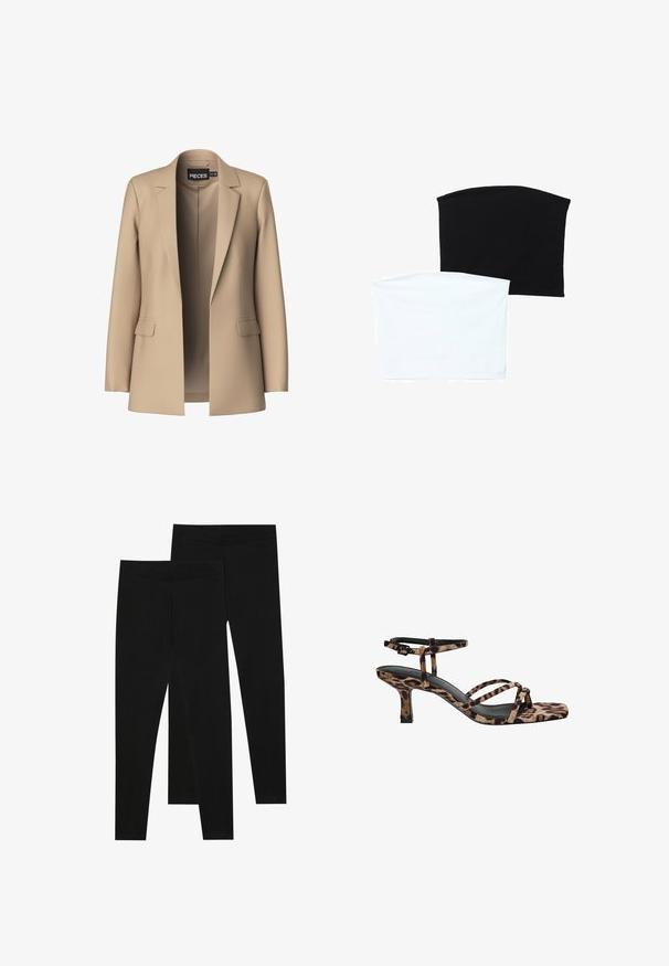 Béžový blazer s klopami a dvěma předními kapsami; vyrobený z hladké tkaniny, má otevřený přední díl a přiléhavý střih.; Dvě hladké trubkové šály: jedna černá a jedna bílá. Obě jsou vyrobené z měkké, elastické látky a mají hladký povrch bez vzorů.; Černé legíny vyrobené z elastického materiálu, s bezešvým pasem a slim fit designem, vhodné pro každodenní nošení nebo cvičení.; Sandály na podpatku s leopardím vzorem, čtveratou špičkou, více popruhy a středně vysokým podpatkem. Vyrobeno z měkkého textilního materiálu.