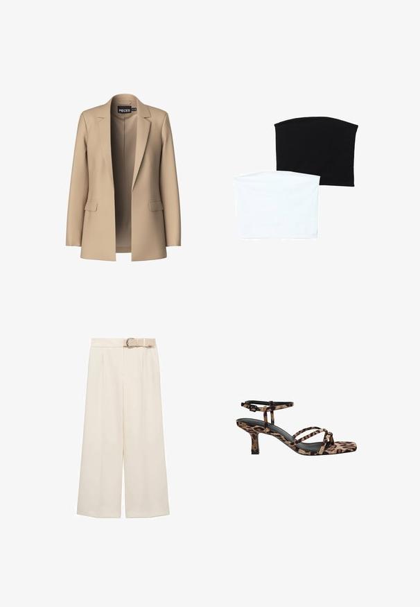 Beige blazer med spidse klapper og to forlommer; lavet af glat stof, har den en åben front og en skræddersyet pasform.; To sømløse rørhalseklæder: en sort og en hvid. Begge er lavet af blødt, strækbart stof og har en glat tekstur uden mønstre.; Bredde ben bukser i en lys cremefarve, med flad front, folder og et matchende bælte med en metalspænde.; Sandaler med hæl i leopardmønster og firkantet tå, med flere stropper og en mellemhøj hæl. Fremstillet af blødt tekstilmateriale.