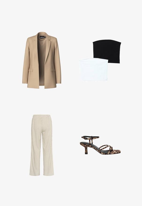 Beige blazer met notch-lapels en twee voorzakken; gemaakt van gladde stof, het heeft een open voorkant en een getailleerde pasvorm.; Twee naadloze buis sjaals: een zwarte en een witte. Beide zijn gemaakt van een zachte, rekbare stof en hebben een gladde textuur zonder patronen.; Lichtbeige gestreepte broek met een losse pasvorm, voorzien van een elastische tailleband en verticale lijnen die een textuur aan de stof geven.; Luipaardprint hakken met een vierkante neus, meerdere bandjes en een middelhoge hak. Gemaakt van zacht textielmateriaal.