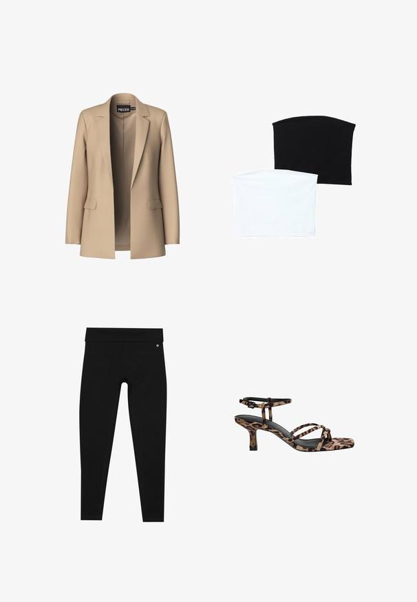 Bež blazer z obloženimi reverji in dvema sprednjima žepoma; izdelan iz gladkega materiala, ima odprto sprednjo stran in prilegajoč kroj.; Dve brezšivne cevi šali: ena črna in ena bela. Obe sta izdelani iz mehkega, raztegljivega materiala in imata gladko teksturo brez vzorcev.; Črne legice z visokim pasom. Narejene iz gladkega, raztegljivega materiala s ploskimi šivi in majhnim logotipom blizu pasu.; Sandal s petto s kvadratnim vrhom, več trak in srednje visoko peto v leopardjem vzorcu. Narejeni iz mehkega tekstilnega materiala.