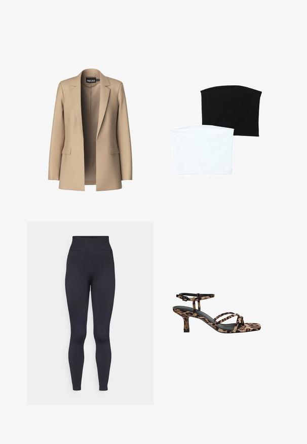 Bež blazer z obloženimi reverji in dvema sprednjima žepoma; izdelan iz gladkega materiala, ima odprto sprednjo stran in prilegajoč kroj.; Dve brezšivne cevi šali: ena črna in ena bela. Obe sta izdelani iz mehkega, raztegljivega materiala in imata gladko teksturo brez vzorcev.; Visoki črni leggingi iz raztegljivega, gladkega blaga. Imajo oprijet kroj in brezšivne robove za udobje in fleksibilnost.; Sandal s petto s kvadratnim vrhom, več trak in srednje visoko peto v leopardjem vzorcu. Narejeni iz mehkega tekstilnega materiala.