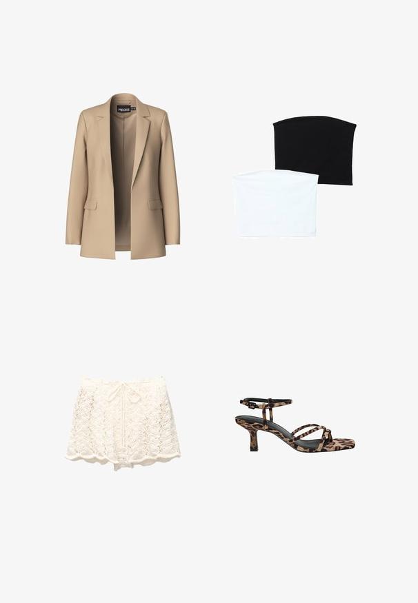 Beige Blazer mit Reverskragen und zwei Vordertaschen; aus glattem Stoff gefertigt, hat er eine offene Vorderseite und eine figurschmeichelnde Passform.; Zwei nahtlose Schlauchschals: einer schwarz und einer weiß. Beide bestehen aus weichem, dehnbarem Material und haben eine glatte Textur ohne Muster.; Weiße Häkelshorts mit gewelltem Saum, die ein strukturiertes, offenes Strickdesign aufweisen und über einen Kordelzugbund für eine verstellbare Passform verfügen.; Leopardenmuster Absatzsandalen mit Quadratzehen, mehreren Riemen und einem mittelhohen Absatz. Hergestellt aus weichem Textilmaterial.