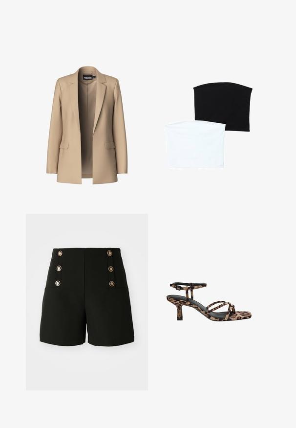Beige blazer med snipperede klapper og to forlommer; lavet af glat stof, har den en åben front og en skræddersyet pasform.; Kaksi saumattomia putkilaineita: yksi musta ja yksi valkoinen. Molemmat on valmistettu pehmeästä, joustavasta kankaasta ja niissä on sileä rakenne ilman kuvioita.; Mustat korkeat shortsit, joissa on kultaiset napit sivuilla ja kaksi etutaskua. Valmistettu sileästä kankaasta.; Naiskahva leopardikuosiset korkokengät, joissa on neliönmuotoinen kärki, useita remmejä ja keskipitkä korko. Valmistettu pehmeästä tekstiilimateriaalista.