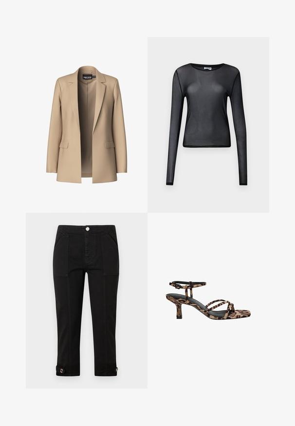 Beige zakó, élénk hajtókával és két elülső zsebbel; sima anyagból készült, nyitott elülső résszel és testhezálló szabással.; Fekete, hosszú ujjú blúz áttetsző anyagból, kerek nyakkivágással és szűk szabással, finoman szegélyezett széllel.; Fekete, cropped farmernadrág, elülső zsebekkel, gombos záródással és gombdíszes szegéllyel minden lábon.; Leopárdmintás, négyzetes orrú magassarkú szandál, több pánttal és közepes magasságú sarkával. Puha textilből készült.