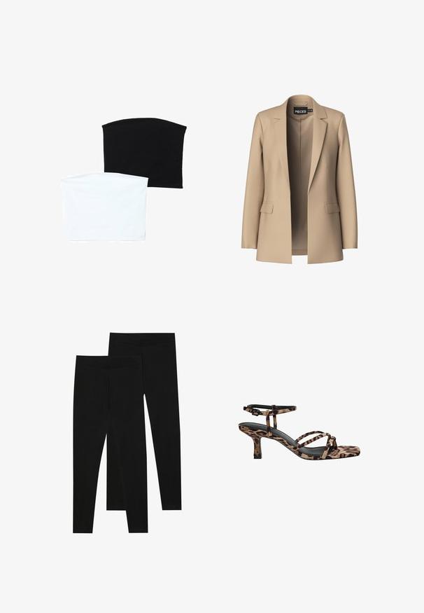 Béžový blazer s klopami a dvěma předními kapsami; vyrobený z hladké tkaniny, má otevřený přední díl a přiléhavý střih.; Dvě hladké trubkové šály: jedna černá a jedna bílá. Obě jsou vyrobené z měkké, elastické látky a mají hladký povrch bez vzorů.; Černé legíny vyrobené z elastického materiálu, s bezešvým pasem a slim fit designem, vhodné pro každodenní nošení nebo cvičení.; Sandály na podpatku s leopardím vzorem, čtveratou špičkou, více popruhy a středně vysokým podpatkem. Vyrobeno z měkkého textilního materiálu.