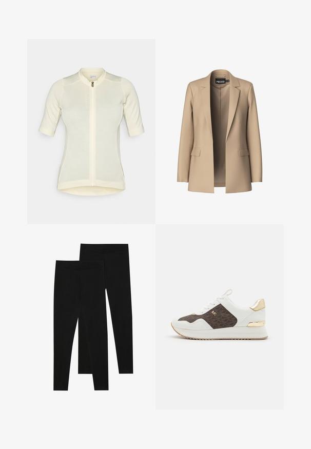 Beige blazer med spidse klapper og to forlommer; lavet af glat stof, har den en åben front og en skræddersyet pasform.; Lys gul cykeltrøje med korte ærmer, tætsiddende pasform, fuld længde lynlås, subtilt struktureret stof og rund krave. Mærkenavn på fronten.; Sorte leggings lavet af strækbart stof med en sømløs talje og en slim fit design, velegnet til afslappet brug eller træning.; Hvide sneakers med brunt mønstret stofpanel, guld hardwaredetaljer, rund tå, snørebåndsdesign og tekstureret gummisål.