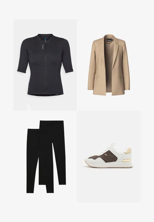 Béžový blazer s klopami a dvoma prednými vreckami; vyrobený z hladkej látky, má otvorený predný diel a strih prispôsobený postave.; Čierne športové tričko s krátkymi rukávmi vyrobené z textúrovanej látky; má predný zips a zaoblený výstrih s jemným logom.; Čierne legíny vyrobené z elastického materiálu, s bezšvovým pásom a elegantným strihom, vhodné na bežné nosenie alebo cvičenie.; Biele tenisky s hnedým vzorovaným textilným panelom, zlaté kovové detaily, okrúhla špička, šnurovací dizajn a textúrovaná gumová podrážka.