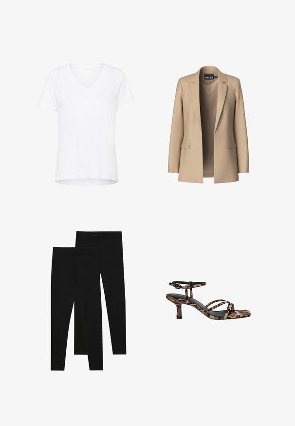 Beige kavaj med snedställda slag och två framfickor; tillverkad av mjukt tyg har den en öppen fram och en skräddarsydd passform.; Vit kortärmad t-shirt med V-öppning, tillverkad av mjukt tyg, med avslappnad passform och rak nederkant med minimala sömdetaljer.; Svarta leggings i stretchigt material, med en sømlös midja och en slim fit-design, lämpliga för vardagsbruk eller träning.; Sandaler med klack i leopardmönster och fyrkantig tå, flera remmar och medelhög klack. Tillverkade av mjukt textilmaterial.