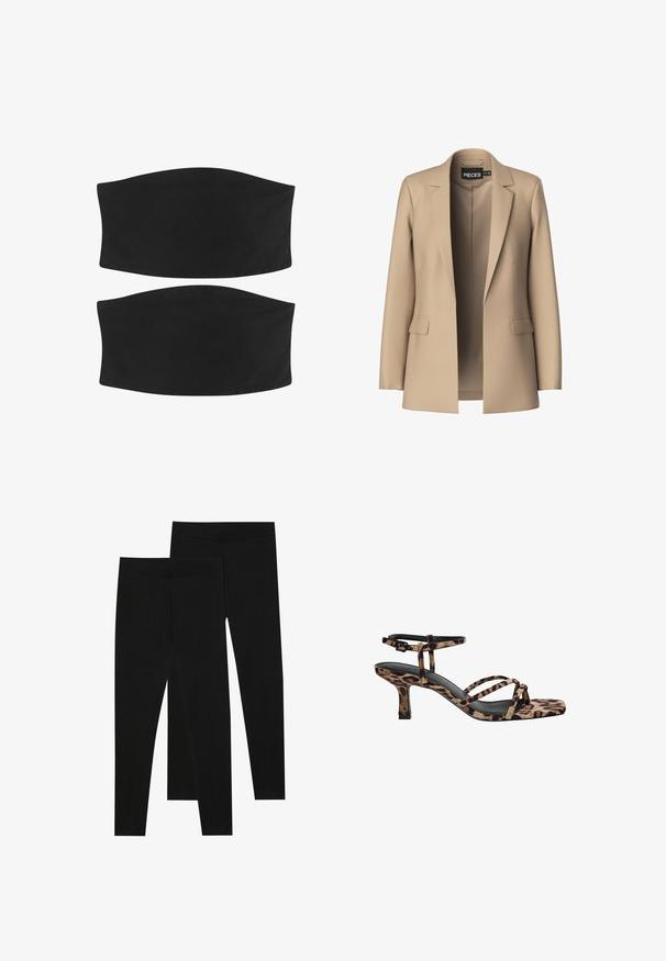 Blazer beige con rever classico e due tasche frontali; realizzato in tessuto liscio, ha un'apertura frontale e una vestibilità su misura.; Due fasce per la testa in tessuto nero con una superficie liscia e senza cuciture, dal design curvo, adatte per diversi stili di capelli e attività.; Leggings neri realizzati in tessuto elastico, con una vita senza cuciture e un design slim fit, adatti per l'abbigliamento casual o per l'esercizio.; Sandali con tacco in stampa leopardata, con punta quadrata, multiple cinghie e un tacco di altezza media. Realizzati in morbido materiale tessile.