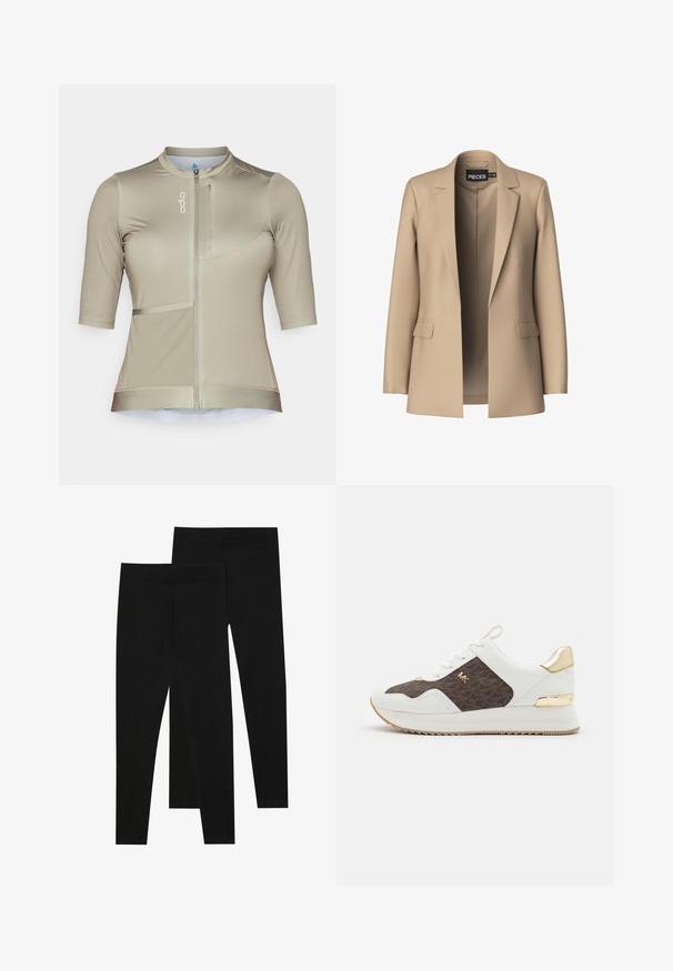 Bežinis švarkas su išpjautomis apykaklėmis ir dviem priekinėmis kišenėmis; pagamintas iš lygaus audinio, turi atvirą priekį ir pritaikytą siluetą.; Šviesiai smėlinė dviračių marškinėliai trumpomis rankovėmis, su priekiniais užtrauktukais, tekstūruota medžiaga ir užtrauktuku užsegama kišenė ant krūtinės.; Juodos leggingai, pagaminti iš tamprių audinių, su besiūle talija ir lieknu siluetu, tinkami kasdieniam dėvėjimui arba mankštai.; Baltos sportbačiai su rudos spalvos raštuoto audinio panelėmis, aukso detalėmis, apvalia nosimi, raištelių užsegimu ir tekstūruotu guminio pado dugnu.
