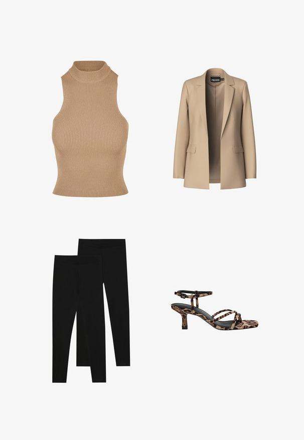 Beige Blazer mit Reverskragen und zwei Vordertaschen; aus glattem Stoff gefertigt, hat er eine offene Vorderseite und eine figurschmeichelnde Passform.; Gestreifter, ärmelloser Stricktop in Beige, mit hohem Stehkragen und figurbetontem Design, das Textur und schlanke Silhouette betont.; Schwarze Leggings aus dehnbarem Stoff, mit einem nahtlosen Bund und einer schmalen Passform, geeignet für Freizeit oder Sport.; Leopardenmuster Absatzsandalen mit Quadratzehen, mehreren Riemen und einem mittelhohen Absatz. Hergestellt aus weichem Textilmaterial.