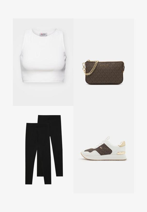 Beige blazer med spidse klapper og to forlommer; lavet af glat stof, har den en åben front og en skræddersyet pasform.; Hvid cropped tanktop lavet af ribbet stof. Har en rund halsudskæring og brede ærmegab. Etiketten er synlig indeni med "Denim Project" branding.; Sorte leggings lavet af strækbart stof med en sømløs talje og en slim fit design, velegnet til afslappet brug eller træning.; Hvide sneakers med brunt mønstret stofpanel, guld hardwaredetaljer, rund tå, snørebåndsdesign og tekstureret gummisål.; Brun læder crossover taske med logo mønster, guldkæde rem, lynlås lukning og gyldne hardware detaljer. Kompakt og rektangulær form.