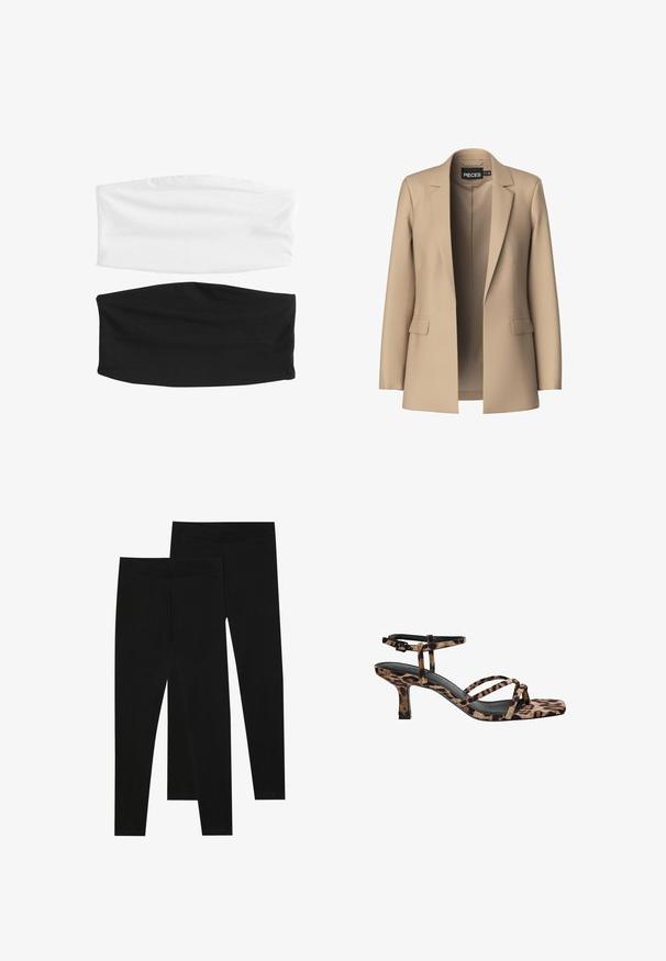 Blazer bej cu rever tăiat și două buzunare frontale; fabricat dintr-un material neted, are un front deschis și o croială ajustată.; Două benzi elastice pentru cap: una albă și una neagră. Ambele sunt fabricate dintr-un material moale și elastic, cu o textură netedă și un design fără cusături.; Leggings negre dintr-un material elastic, cu o talie fără cusături și un design slim fit, potrivite pentru îmbrăcăminte casual sau exerciții fizice.; Sandale cu toc leopard, cu vârf pătrat, multiple curele și toc de înălțime medie. Fabricate dintr-un material textil moale.