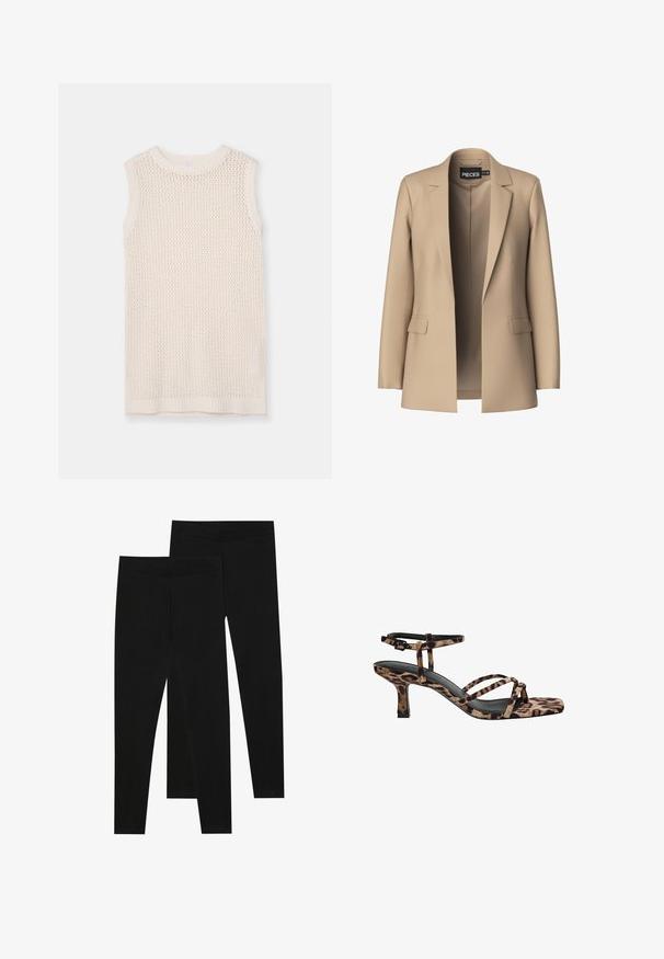 Beige blazer met notch-lapels en twee voorzakken; gemaakt van gladde stof, het heeft een open voorkant en een getailleerde pasvorm.; Mouwloze gebreide top in lichtcrème, met een gaaspatroon en een geribde halslijn en zoom. Zachte textuur verbetert de ademendheid en het comfort.; Zwarte leggings van rekbaar materiaal, met een naadloze tailleband en een slank ontwerp, geschikt voor casual wear of lichaamsbeweging.; Luipaardprint hakken met een vierkante neus, meerdere bandjes en een middelhoge hak. Gemaakt van zacht textielmateriaal.