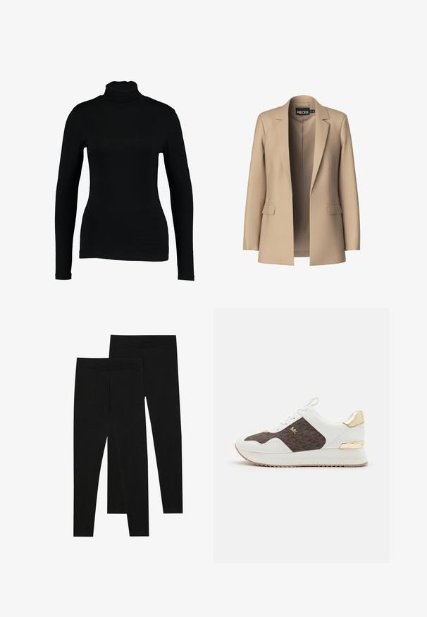 Beige blazer met notch-lapels en twee voorzakken; gemaakt van gladde stof, het heeft een open voorkant en een getailleerde pasvorm.; Zwart lange mouw turtleneck top van gladde stof, met een aansluitend ontwerp en hoge hals, geschikt voor layering of als standalone kleding.; Zwarte leggings van rekbaar materiaal, met een naadloze tailleband en een slank ontwerp, geschikt voor casual wear of lichaamsbeweging.; Witte sneakers met bruine patroonstofpanelen, gouden hardwareaccenten, ronde neus, vetersluiting en gestructureerde rubberen zool.