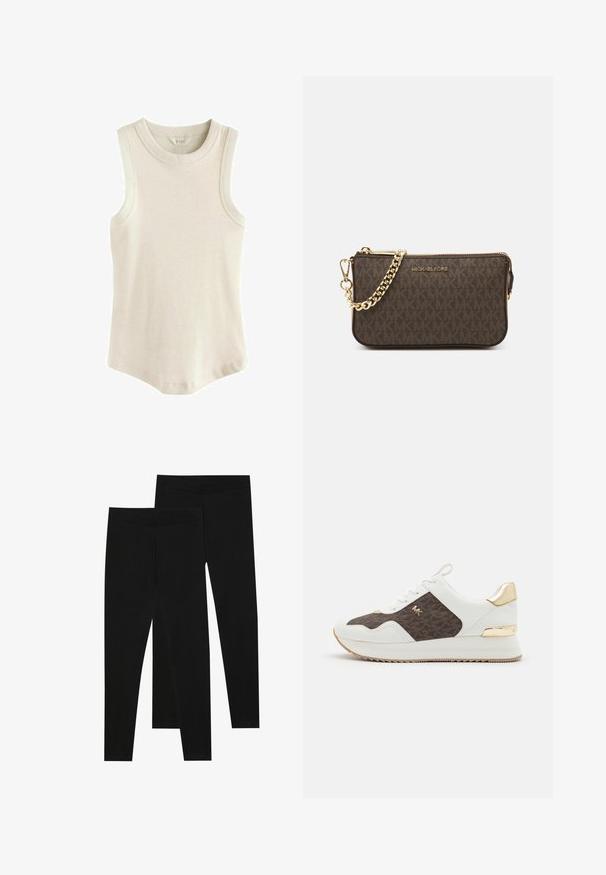 Bežinis švarkas su išpjautomis apykaklėmis ir dviem priekinėmis kišenėmis; pagamintas iš lygaus audinio, turi atvirą priekį ir pritaikytą siluetą.; Next RACER STANDARD - Viršus - oatmeal; Juodos leggingai, pagaminti iš tamprių audinių, su besiūle talija ir lieknu siluetu, tinkami kasdieniam dėvėjimui arba mankštai.; Baltos sportbačiai su rudos spalvos raštuoto audinio panelėmis, aukso detalėmis, apvalia nosimi, raištelių užsegimu ir tekstūruotu guminio pado dugnu.; Ruda odinė per petį nešiojama rankinė su logotipu, auksinės spalvos grandinėlė, užtrauktuko uždarymas ir auksinės spalvos detalės. Kompaktiška ir stačiakampio formos.