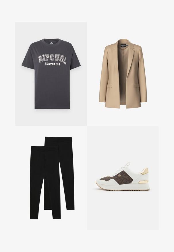 Blazer bege com lapelas recortadas e dois bolsos frontais; feito de um tecido suave, tem um fecho aberto e um corte ajustado.; T-shirt de algodão cinza escuro com mangas curtas, apresentando um logótipo branco impresso "RIPCURL AUSTRALIA" em estilo arqueado e ousado.; Leggings pretos feitos de um tecido elástico, com uma cintura sem costuras e um design justo, adequados para uso casual ou exercício.; Ténis brancos com painel de tecido estampado castanho, detalhes em metal dourado, biqueira redonda, design de atacadores e sola de borracha texturizada.