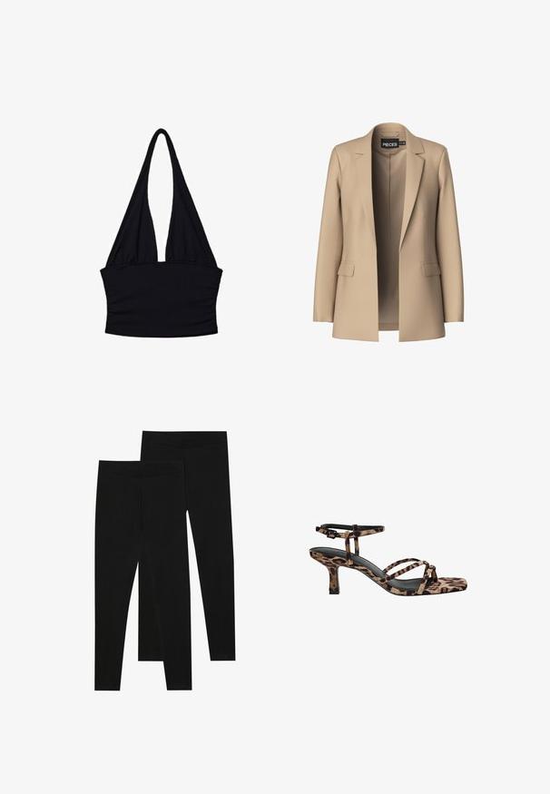 Blazer beige con rever classico e due tasche frontali; realizzato in tessuto liscio, ha un'apertura frontale e una vestibilità su misura.; Top halter nero realizzato in tessuto morbido; presenta una scollatura a V profonda e dettagli arricciati in vita; senza maniche con lunghi e fluttuanti lacci.; Leggings neri realizzati in tessuto elastico, con una vita senza cuciture e un design slim fit, adatti per l'abbigliamento casual o per l'esercizio.; Sandali con tacco in stampa leopardata, con punta quadrata, multiple cinghie e un tacco di altezza media. Realizzati in morbido materiale tessile.