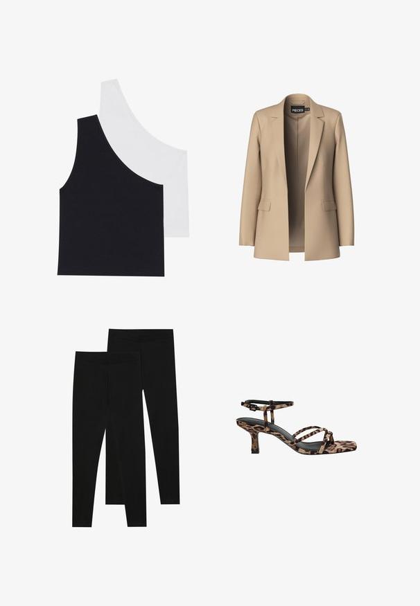 Béžový blazer s klopami a dvoma prednými vreckami; vyrobený z hladkej látky, má otvorený predný diel a strih prispôsobený postave.; Čierne a biele rebrované tielka s asymetrickým výstrihom; mäkká zmes bavlny; priliehavý strih; žiadne viditeľné kovanie ani vzory.; Čierne legíny vyrobené z elastického materiálu, s bezšvovým pásom a elegantným strihom, vhodné na bežné nosenie alebo cvičenie.; Sandále na podpätku s leopardím vzorom, s hranatou špičkou, viacerými popruhmi a stredne vysokým podpätkom. Vyrobené z mäkkého textilného materiálu.