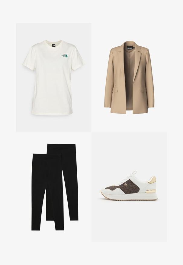 Beige Blazer mit Reverskragen und zwei Vordertaschen; aus glattem Stoff gefertigt, hat er eine offene Vorderseite und eine figurschmeichelnde Passform.; The North Face BOX RELAXED TEE - T-Shirt print - white dune/evergreen; Schwarze Leggings aus dehnbarem Stoff, mit einem nahtlosen Bund und einer schmalen Passform, geeignet für Freizeit oder Sport.; Weiße Sneakers mit braunem gemustertem Stoffpaneel, goldenen Hardware-Akzenten, runder Zehenpartie, Schnürdesign und strukturiertem Gummisohle.