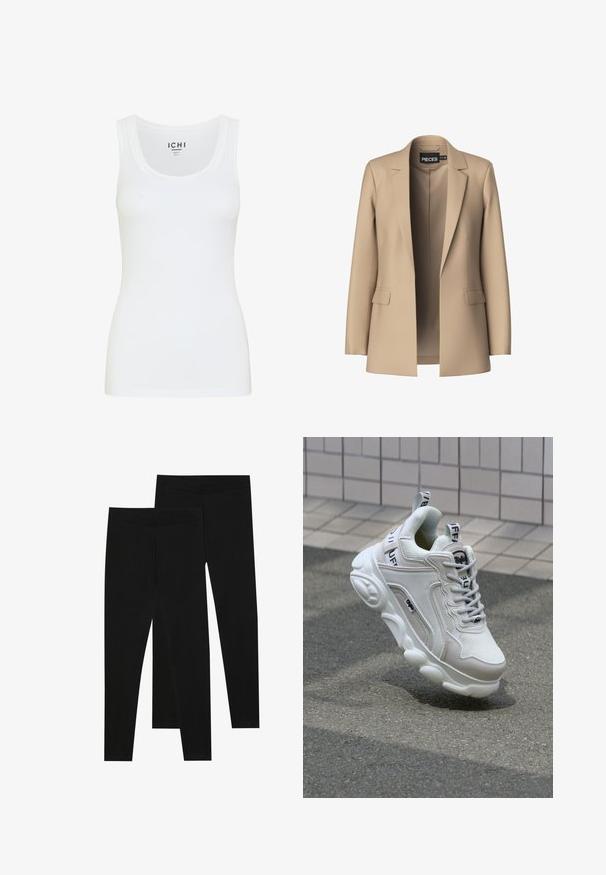 Bež blazer z obloženimi reverji in dvema sprednjima žepoma; izdelan iz gladkega materiala, ima odprto sprednjo stran in prilegajoč kroj.; Bela majica brez rokavov iz gladkega blaga. Ima okroglo ovratnik in široke naramnice. Rahlo prilegan dizajn brez vidnih vzorcev ali okraskov.; Črne legice iz raztegljive tkanine, z brezšivnim pasom in oprijetim krojem, primerne za prosti čas ali vadbo.; Bela superga z mrežastim in usnjenim materialom, zaobljenim nosom, debelim podplatom, opaznimi vezalkami ter blagovno znamko na peti in jeziku.