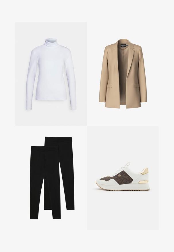 Bež blazer z obloženimi reverji in dvema sprednjima žepoma; izdelan iz gladkega materiala, ima odprto sprednjo stran in prilegajoč kroj.; Bela turtleneck majica z dolgimi rokavi, izdelana iz gladkega materiala. Oprijet kroj z minimalnimi šivi, ki ima visok ovratnik in ravno spodnji rob.; Črne legice iz raztegljive tkanine, z brezšivnim pasom in oprijetim krojem, primerne za prosti čas ali vadbo.; Beli športni copati s panelom iz rjave tkanine z vzorcem, z zlatimi dodatki, okroglo konico, vezalnim dizajnom in teksturiranem gumijastem podplatu.