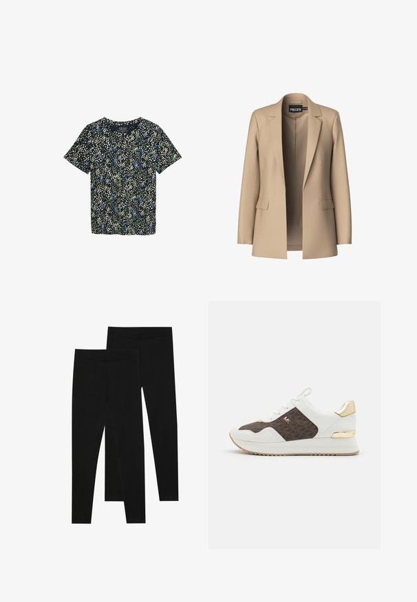 Beige kavaj med snedställda slag och två framfickor; tillverkad av mjukt tyg har den en öppen fram och en skräddarsydd passform.; Kortärmad skjorta i marinblått tyg med ett blommönster som har gröna, blå och krämfärgade prickar. Rund hals med en avslappnad passform.; Svarta leggings i stretchigt material, med en sømlös midja och en slim fit-design, lämpliga för vardagsbruk eller träning.; Vita sneakers med brunt mönstrat tygpanel, guldfärgade detaljer, rund tå, snörningsdesign och texturerad gummisula.