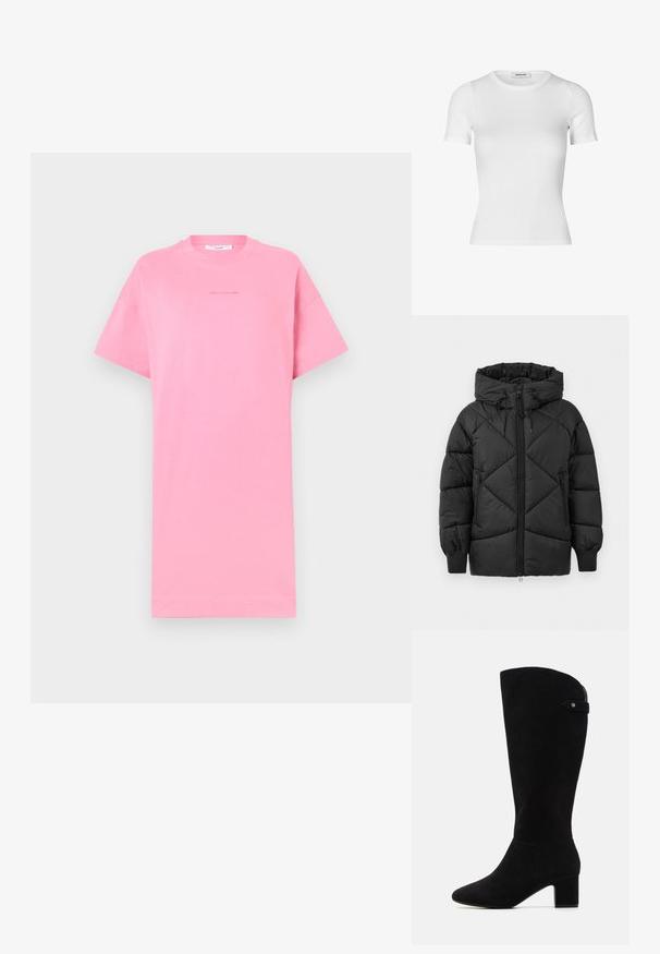 Crna pufasta jakna s kapuljačom, s patentnim zatvaračem, dijamantnim quiltovanim uzorkom i rebrastim manžetama. Mekana, glatka tekstura.; Ružičasta pamučna majica s kratkim rukavima, opuštenog kroja, okruglog izreza i minimalističkim tekstualnim detaljem u sredini. Jednostavan dizajn, jednobojna.; Bijela majica kratkih rukava izrađena od rebrastog pamuka. Prilagođeni dizajn s okruglim izrezom i glatkom teksturom. Bez uzoraka ili ukrasa.; Crne suknje na koljenima od antilopa s špicastim vrhom i blok petom. Imaju glatku teksturu i jednostavan dizajn, s naglaskom na bočnu traku.