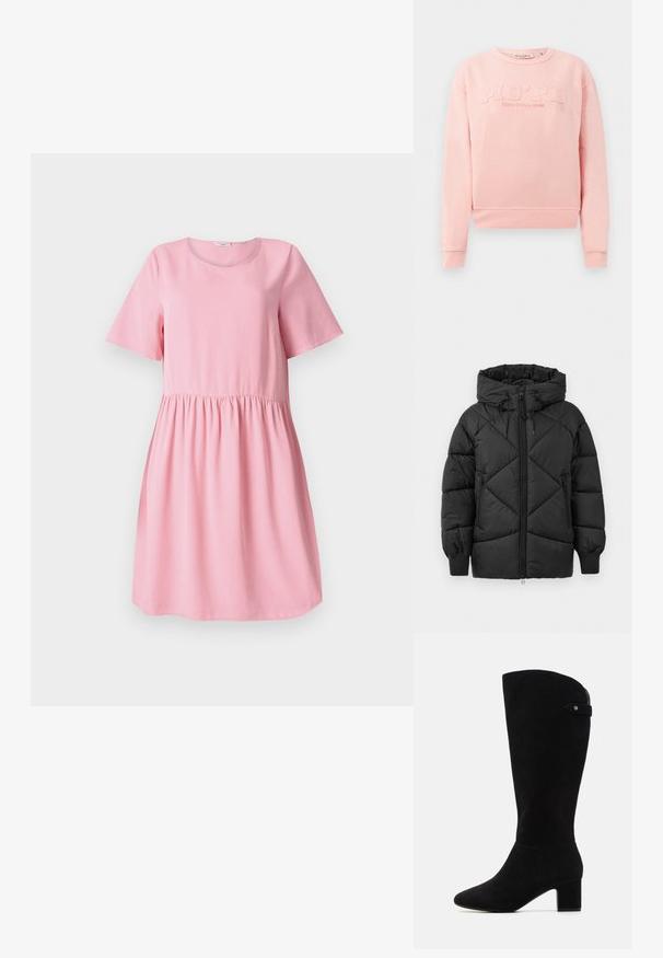 Schwarze gepolsterte Jacke mit Kapuze, ausgestattet mit einem Reißverschluss, Diamant-Steppmuster und gerippten Manschetten. Weiche, glatte Textur.; Rosa Sweatshirt aus weichem Stoff, mit gerippten Bündchen und Saum. Auf der Vorderseite prangt der erhabene Text "MO'PD Marc O'Polo DENIM."; Kurzes pinkes Kleid aus weichem Stoff mit kurzen Ärmeln, rundem Ausschnitt und gerafftem Taillenbund. Glatte Textur, simples Design.; Schwarze Wildleder-Stiefel bis zum Knie mit spitzem Fuß und Blockabsatz. Sie verfügen über eine glatte Textur und ein einfaches Design, ergänzt durch einen seitlichen Riemenakzent.