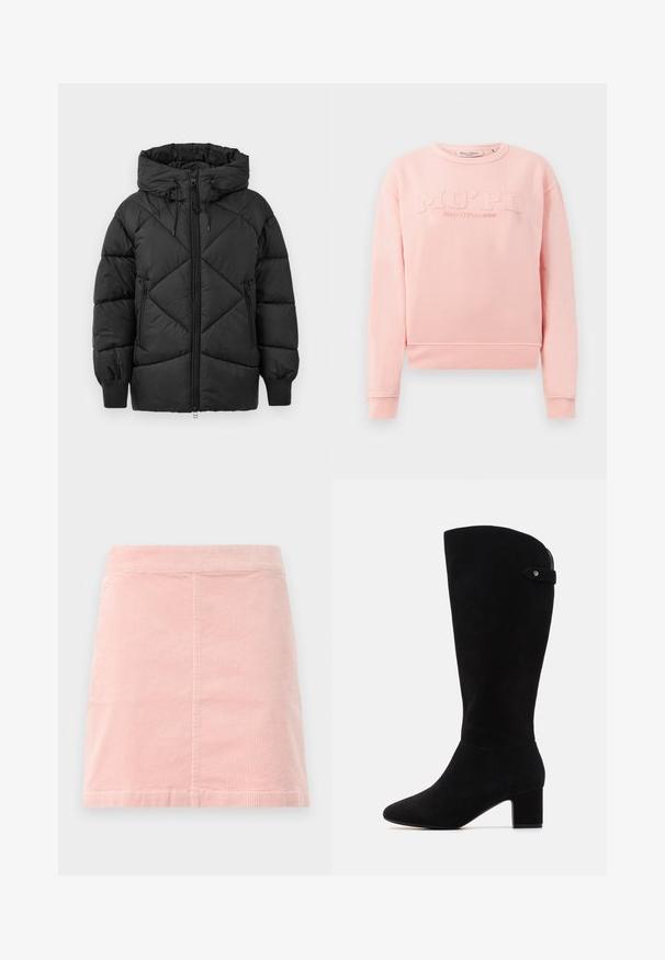 Fekete párnázott dzseki kapucnival, cipzáros záródással, gyémánt alakú steppeléssel és bordás mandzsettákkal. Puha, sima felület.; Rózsaszín pulóver, puha anyagból készült, bordás mandzsettákkal és aljjal. A frontrészen a "MO'PD Marc O'Polo DENIM" felirat látható, amely dombornyomott.; Rózsaszín kordbársony mini szoknya, berakott derékkal és függőleges bordázott textúrával. Az alja egyenes, és az egész dizájn egyszerű, díszítések nélkül.; Fekete velúr térd fölé érő csizmák hegyes orral és tömbsarkúval. Simák a tapintásuk és egyszerű a dizájnjuk, oldalsó pánt díszítéssel.