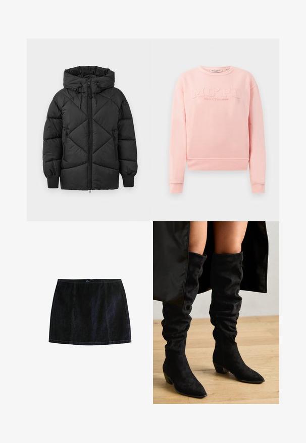 Črna podložena jakna s kapuco, z zadrgo, diamanto šivanim vzorcem in rebrastimi manšetami. Mehka, gladka tekstura.; Roza majica s kapuco iz mehkega blaga, s rebrovanimi manšetami in robom. Spredaj je prikazana embosirana besedilo "MO'PD Marc O'Polo DENIM."; Temno modra mini krilo, ki ima kontrastno rumeno šivanje, prilegajočo silhueto in zadrgo. Klasična zasnova s petimi žepi.; Črne udobne čizme do kolen iz semiša, z ostrim koncem in debelim peto, z vidnim šivanjem in elegantno silhueto.