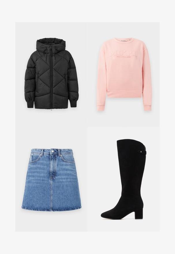 Veste rembourrée noire avec capuche, dotée d'une fermeture éclair, d'un motif en losange matelassé et de poignets côtelés. Texture douce et lisse.; Sweat-shirt rose en tissu doux, avec des poignets et un ourlet côtelés. L'avant arbore un texte en relief « MO'PD Marc O'Polo DENIM ». ; T-shirt blanc à manches courtes en coton côtelé. Design ajusté avec un col rond et une texture lisse. Sans motifs ni embellissements.; Jupe en jean de forme évasée en A, lavage bleu clair, avec deux poches avant et une fermeture à bouton à la taille. Détails de couture visibles.; Bottes noires en daim arrivant au genou, avec un bout pointu et un talon bloc. Elles présentent une texture lisse et un design simple, agrémenté d'une sangle latérale.