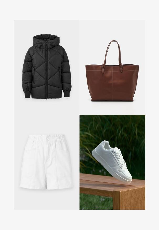 Jachetă neagră căptușită cu glugă, cu închidere prin fermoar, model cu diamant matlasat și manșete ribbate. Textură moale și netedă.; Sweatshirt roz din material moale, având manșete și tiv cu țesătură în vrac. Partea din față prezintă text embosat "MO'PD Marc O'Polo DENIM."; Tricou alb cu mâneci scurte, realizat din material reiat. Prezintă un decolteu rotund și o siluetă conică. Textură netedă, fără modele.; Shorts din bumbac alb cu talie elastică, având un nasture în față, două buzunare laterale și un design curat și simplu.; Sneaker alb cu un upper sintetic neted, cu vârf perforat, șireturi plate și o talpă texturată, expus pe o suprafață de lemn.; Geantă de tote din piele maro cu mânere duble, dotată cu cusături contrastante și un design spațios, potrivită pentru utilizarea zilnică.