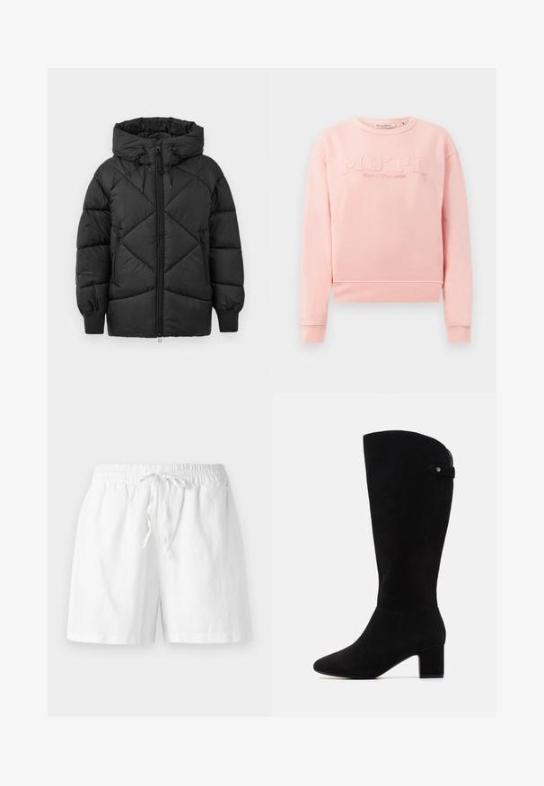 Mustaline polsterdatud jakk kapuutsiga, millel on tõmblukk, teemantkudetud muster ja soonikkudumine. Pehme, siledan tekstuur.; Roosa sügisjakk pehmest kangast, millel on soonikkoes varrukad ja alläär. Esiküljel on reljeefne tekst "MO'PD Marc O'Polo DENIM."; Valge lühikeste varrukatega T-särk, mis on valmistatud ribakujulisest puuvillast. Kintsu lähedane disain, ümmargune kaelus ja sile tekstuur. Ilma mustrite ja kaunistusteta.; Valged puuvillased lühikesed püksid elastse vöökoha, paelaga detaili ja lõdva lõikega. Sile tekstuur ja põlvepikkune disain.; Mustad sametist kõrge varrega saapad, millel on terav nina ja ploki konts. Omavad sujuvat tekstuuri ja lihtsat disaini, lisatud külgrihmaga aktsent.