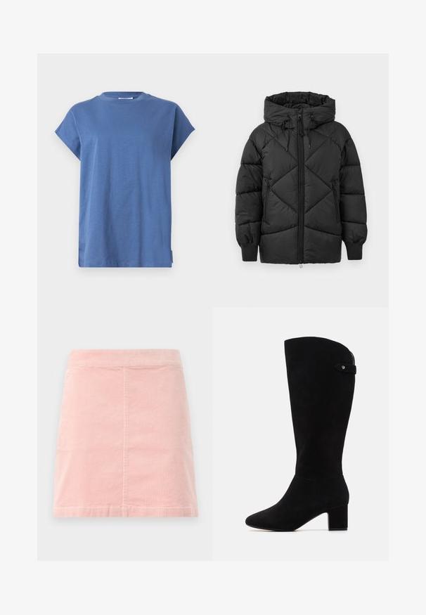 Svart vadderad jacka med huva, med dragkedjestängning, diamantquiltat mönster och ribbade muddar. Mjuk, slät textur.; Rosa sweatshirt tillverkad av mjukt tyg, med ribbade ärmslut och i nederkant. Framsidan pryds av präglande text "MO'PD Marc O'Polo DENIM."; Blå t-shirt i mjukt tyg, med rundad halsringning och korta uppvikta ärmar. Designen är enkel med rak skärning och sidoflik.; Rosa kordflorskjol i mini-längd med en åtsittande midja och vertikal ribbad textur. Sömmen är rak, och den har en enkel design utan utsmyckningar.; Svarta mocka knähöga stövlar med spetsig tå och blockklack. Har en slät textur och en enkel design, med en sidrem accent.