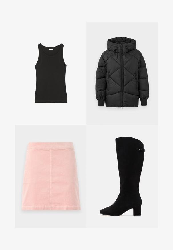 Svart vadderad jacka med huva, med dragkedjestängning, diamantquiltat mönster och ribbade muddar. Mjuk, slät textur.; Rosa sweatshirt tillverkad av mjukt tyg, med ribbade ärmslut och i nederkant. Framsidan pryds av präglande text "MO'PD Marc O'Polo DENIM."; Svart ärmlös linne av mjuk bomull, med rund halsringning och en åtsittande siluett. Enkelt design utan synliga mönster eller detaljer.; Rosa kordflorskjol i mini-längd med en åtsittande midja och vertikal ribbad textur. Sömmen är rak, och den har en enkel design utan utsmyckningar.; Svarta mocka knähöga stövlar med spetsig tå och blockklack. Har en slät textur och en enkel design, med en sidrem accent.