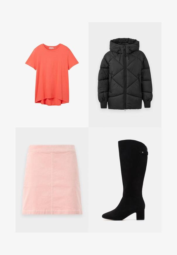 Černá zateplená bunda s kapucí, se zipovým zapínáním, diamantovým prošíváním a vroubkovanými manžetami. Jemná, hladká textura.; Růžová mikina vyrobená z měkké látky, s žebrovanými manžetami a spodním lemem. Na přední straně je vyražený nápis "MO'PD Marc O'Polo DENIM."; TOM TAILOR DENIM Jednoduché tričko - plain red; Růžová manšestrová mini sukně s úzkým pasem a vertikálně žebrovanou texturou. Lem je rovný a má jednoduchý design bez ozdob.; Černé semišové vysoké kozačky s špičatou špičkou a blokovým podpatkem. Mají hladkou strukturu a jednoduchý design, s bočním páskem jako akcentem.