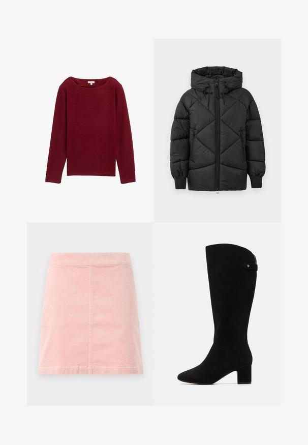 Schwarze gepolsterte Jacke mit Kapuze, ausgestattet mit einem Reißverschluss, Diamant-Steppmuster und gerippten Manschetten. Weiche, glatte Textur.; Burgunderfarbener Pullover mit langen Ärmeln in Rippstruktur, weitem Ausschnitt und geradem Saum. Keine sichtbaren Beschläge oder Muster.; Rosa Cord-Ripp-Minirock mit taillierter Passform und vertikaler Rippstruktur. Der Saum ist gerade und er hat ein schlichtes Design ohne Verzierungen.; Schwarze Wildleder-Stiefel bis zum Knie mit spitzem Fuß und Blockabsatz. Sie verfügen über eine glatte Textur und ein einfaches Design, ergänzt durch einen seitlichen Riemenakzent.