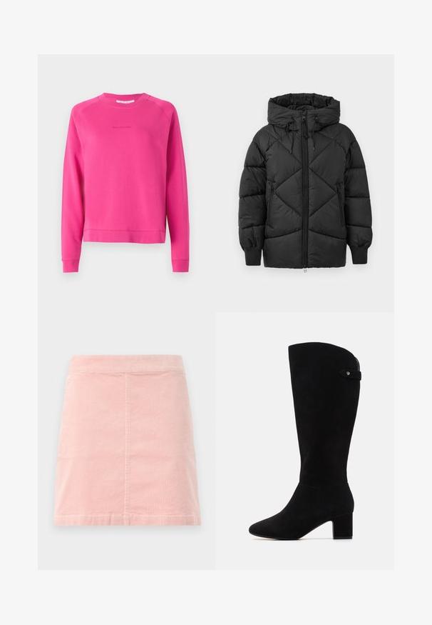 Veste rembourrée noire avec capuche, dotée d'une fermeture éclair, d'un motif en losange matelassé et de poignets côtelés. Texture douce et lisse.; Sweatshirt rose vif en tissu doux, avec un col rond et des manches longues, ornée d'un logo discret imprimé sur le devant.; Jupe mini en velours côtelé rose avec une taille ajustée et une texture côtelée verticale. L'ourlet est droit et présente un design simple sans embellissements.; Bottes noires en daim arrivant au genou, avec un bout pointu et un talon bloc. Elles présentent une texture lisse et un design simple, agrémenté d'une sangle latérale.
