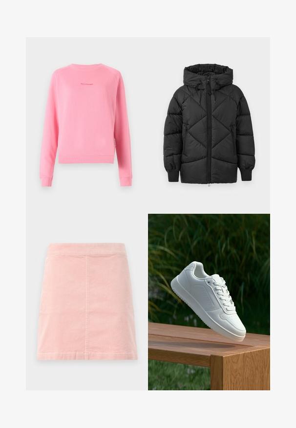 Černá zateplená bunda s kapucí, se zipovým zapínáním, diamantovým prošíváním a vroubkovanými manžetami. Jemná, hladká textura.; Růžová mikina s dlouhými raglánovými rukávy, žebrovanými manžetami a lemem, se malým potiskem loga uprostřed. Hladká textura z bavlněné tkaniny.; Růžová manšestrová mini sukně s úzkým pasem a vertikálně žebrovanou texturou. Lem je rovný a má jednoduchý design bez ozdob.; Bílé tenisky s hladkým syntetickým svrškem, perforovanou špičkou, plochými tkaničkami a texturovanou podrážkou, vystavené na dřevěném povrchu.