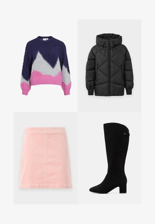 Czarna pikowana kurtka z kapturem, z zamkiem błyskawicznym, w rombowy wzór i ściągaczami przy mankietach. Miękka, gładka tekstura.; Sweter dziergany w kolorach granatowym, szarym i różowym z geometrycznym wzorem górskim. Posiada okrągły dekolt i długie, lekko bufiaste rękawy.; Biała koszulka krótko rękawowa wykonana z prążkowanej bawełny. Dopasowany krój z okrągłym dekoltem i gładką teksturą. Bez wzorów ani ozdób.; Różowa mini spódnica z korduroy o dopasowanej talii i pionowej, prążkowanej fakturze. Doły są proste, a spódnica ma prosty fason bez ozdób.; Czarne zamszowe kozaki za kolano z ostrym noskiem i blokowym obcasem. Charakteryzują się gładką fakturą i prostym wzornictwem, z bocznym akcentem w postaci paska.