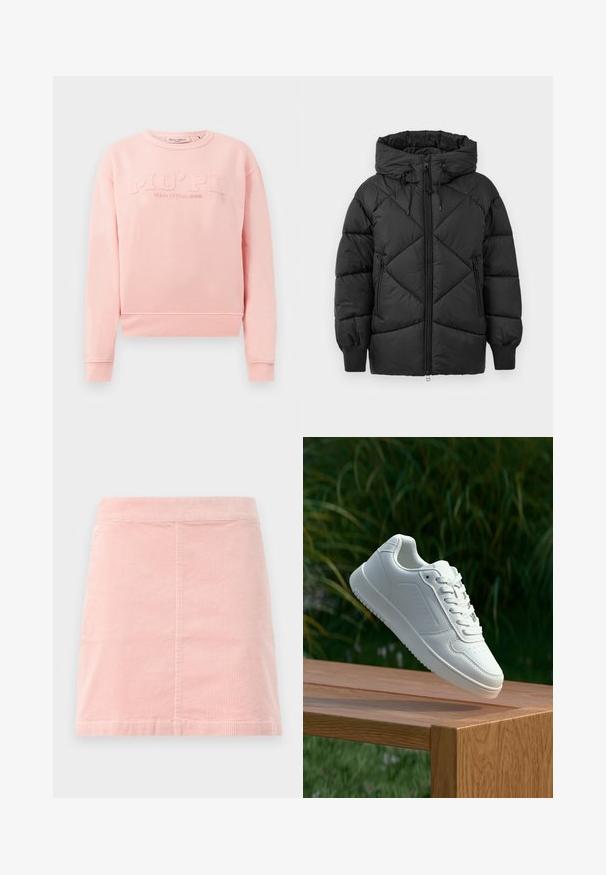 Casaco acolchoado preto com capuz, apresentando um fecho de correr, padrão com matizes em forma de losango e punhos canelados. Textura suave e lisa.; Sweatshirt rosa feito de tecido macio, com punhos e bainha canelados. A parte da frente apresenta o texto em relevo "MO'PD Marc O'Polo DENIM."; T-shirt branca de mangas curtas feita de tecido de algodão canelado. Design ajustado com decote redondo e textura suave. Sem padrões ou adornos.; Saia mini de coríndon rosa com uma cintura ajustada e textura vertical ribeteada. A bainha é reta e apresenta um design simples, sem enfeites.; Sapatilha branca com um cabedal sintético liso, caixa dos dedos perfurada, atacadores planos e uma sola texturizada, exposta sobre uma superfície de madeira.