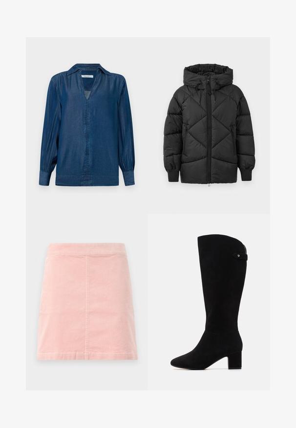 Mustaline polsterdatud jakk kapuutsiga, millel on tõmblukk, teemantkudetud muster ja soonikkudumine. Pehme, siledan tekstuur.; Tumesinine denimpait, millel on pikad palloonvarrukad, krae ja V-kujuline kaelus ilma nuppudeta ees. Pehme ja sile tekstuur.; Valge lühikeste varrukatega T-särk, mis on valmistatud ribakujulisest puuvillast. Kintsu lähedane disain, ümmargune kaelus ja sile tekstuur. Ilma mustrite ja kaunistusteta.; Roosa käärikübar mini-seelik, millel on sobiv talje ja vertikaalne ribakonstruktsioon. Põhi on sirge ja sellel on lihtne disain ilma kaunistusteta.; Mustad sametist kõrge varrega saapad, millel on terav nina ja ploki konts. Omavad sujuvat tekstuuri ja lihtsat disaini, lisatud külgrihmaga aktsent.