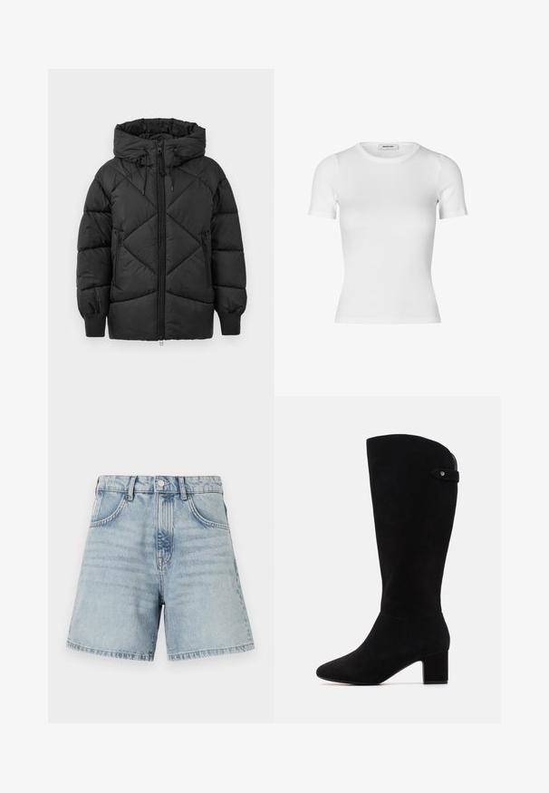 Juodas paminkštintas striukė su kapišonu, turinti užtrauktuką, deimantinės siuvinėjimo raštą ir spiralinės rankovių apdailas. Minkšta, lygi tekstūra.; Balta trumpa rankovėmis marškinėliai, pagaminti išリbrebės medvilnės audinio. Paruošta išvaizda su apvaliu iškirpimu ir lygiu paviršiumi. Be raštų ar puošmenų.; Šviesiai mėlyni džinsiniai šortai su aukštu liemeniu, penkių kišenių dizainu ir nepabaigtu apvadu. Medžiaga turi lengvą nudilimą, matomi siuvimo detalės.; Juodų zamšo kelių ilgio batų su smailiu nosiu ir bloko kulnu. Pasižymi lygiu paviršiumi ir paprastu dizainu, su šoniniu dirželiu kaip akcentu.