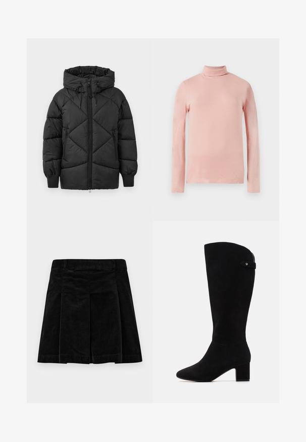 Juodas paminkštintas striukė su kapišonu, turinti užtrauktuką, deimantinės siuvinėjimo raštą ir spiralinės rankovių apdailas. Minkšta, lygi tekstūra.; Šviesiai rožinė ilgomis rankovėmis turtleneko tipo palaidinė su pritaikytu dizainu, lygiu paviršiumi ir aukštu kaklu. Nematyti jokių raštų ar puošybos elementų.; Juodas kordūrinių medžiagų sijonas, su klostuotu dizainu, tiesiu kirpimu, tekstūruota paviršiumi ir juosme, užtikrinančia patogų prigludimą.; Juodų zamšo kelių ilgio batų su smailiu nosiu ir bloko kulnu. Pasižymi lygiu paviršiumi ir paprastu dizainu, su šoniniu dirželiu kaip akcentu.