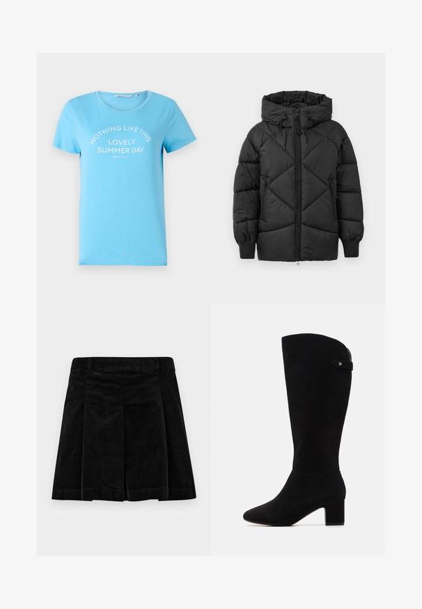 Čierna vystužená bunda s kapucňou, s praktickým zipsom, diamantom prešívaným vzorom a rebrovanými manžetami. Mäkká, hladká textúra.; Svetlomodré bavlnené tričko s okrúhlym výstrihom a krátkymi rukávmi, potlačené textom "NIČ NIE JE TAKÉ AKO TENTO KRÁSNY LETNÝ DEŇ" v bielej farbe.; Čierna kordurová sukňa s plisovaným dizajnom, so strihaním rovného strihu, textúrovaným povrchom a elastickým pásom pre pohodlné nosenie.; Čierne semišové čižmy po kolená s špicatou špičkou a blokovým podpätkom. Vyznačujú sa hladkou textúrou a jednoduchým dizajnom, s bočným pásikom ako akcentom.