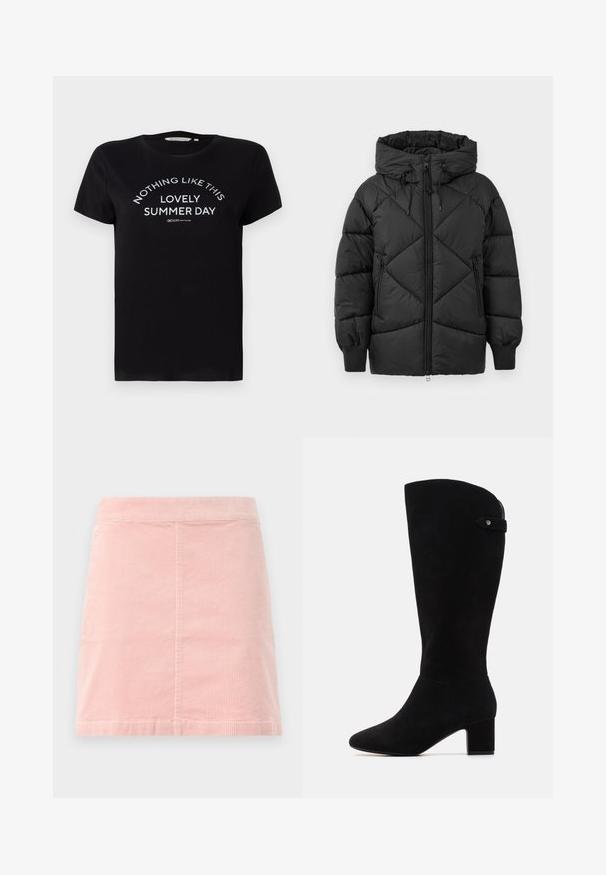 Veste rembourrée noire avec capuche, dotée d'une fermeture éclair, d'un motif en losange matelassé et de poignets côtelés. Texture douce et lisse.; T-shirt en coton noir à manches courtes, col rond, avec un texte imprimé en blanc : « RIEN COMME CE BEAU JOUR D'ÉTÉ » disposé en arc.; Jupe mini en velours côtelé rose avec une taille ajustée et une texture côtelée verticale. L'ourlet est droit et présente un design simple sans embellissements.; Bottes noires en daim arrivant au genou, avec un bout pointu et un talon bloc. Elles présentent une texture lisse et un design simple, agrémenté d'une sangle latérale.